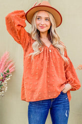 Elegant Swiss Dot V Neck Balloon Sleeve Blouse - Chic Feminine Style