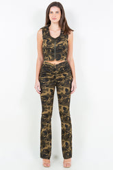 Trendy V-Cut Ruched Camo Flare Pants by American Bazi