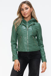 Snobbish Faux Leather Hooded Jacket with Zip-Up & Drawstring
