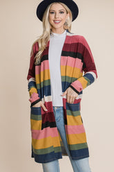 BOMBOM Women's Color Block Striped Cardigan - Open Front Design