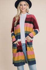 BOMBOM Women's Color Block Striped Cardigan - Open Front Design