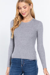 ACTIVE BASIC Women's Ribbed Knit Long Sleeve Top - Trendy Round Neck Sweater