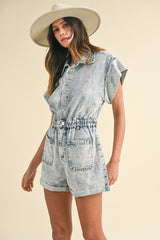 Annie Wear Women's Elastic Waistband Denim Romper with Short Sleeves