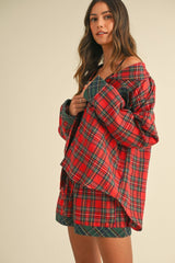 Annie Wear Contrast Plaid Long Sleeve Top & Shorts Set - Chic & Modern Ensemble