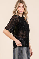 GeeGee Women's Glitter Mesh Top with Round Neck & Drop Shoulders