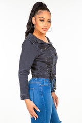 American Bazi Women's Off-Shoulder Lace-Up Denim Jacket - Trendy & Stylish