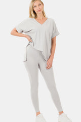 Zenana V-Neck Casual Lounge Set - Rolled Sleeve T-Shirt & Stretch Leggings
