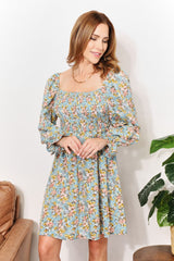 Chic Floral Smocked Mini Dress with Flounce Sleeves and Square Neckline