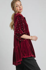 Umgee Velvet Babydoll Blouse with Pearl Detailing - Chic Collared Neck