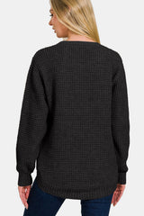 Zenana Women's High Low Long Sleeve Waffle Knit Sweater - Cozy & Chic