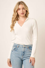 Mittoshop Women's Long Sleeve Ribbed Knit Polo Top - Chic V-Neck Sweater