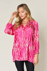 Double Take Full Size Printed Button-Up Long Sleeve Shirt with Frill Detail