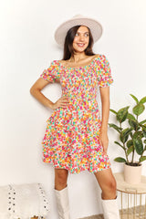 Floral Smocked Sweetheart Neck Mini Dress with Flounce Sleeves