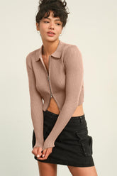 HYFVE Ribbed Double Zip Cropped Cardigan - Elegant & Versatile Women's Knitwear