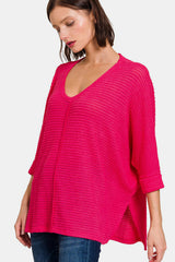 Zenana V-Neck High-Low Jacquard Knit Top - Stylish & Comfortable Women's Knitwear