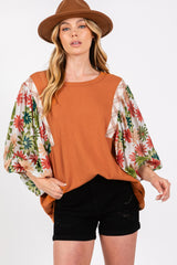 SAGE + FIG Full Size Printed Balloon Sleeve Contrast Top – Stylish Knit with Floral & Plaid Accents