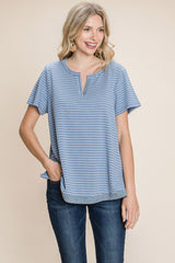 Cotton Bleu by Nu Label Women's Stripe Slit Notch Short Sleeve T-Shirt - 100% Cotton