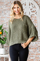 Veveret Women's Round Neck Roll-Up Sleeve Sweater - Cozy & Versatile