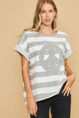Umgee Peace Sign Patch Striped French Terry T-Shirt - Stylish and Comfortable Casual Wear