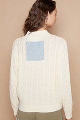 POL Cable-Knit Peace Patch Sweater with Relaxed Dropped Shoulder Design