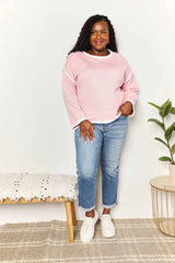 Contrast Detail Dropped Shoulder Knit Top - Elegant Boat Neck Pullover