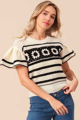 BiBi Granny Square Striped Short Sleeve Sweater - Retro & Bohemian Style