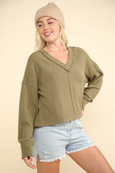 VERY J Women's Exposed Seam V-Neck Ribbed Knit Top - Cozy Autumn Fashion Essential