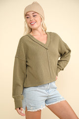 VERY J Women's Exposed Seam V-Neck Ribbed Knit Top - Cozy Autumn Fashion Essential