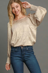 Umgee Wrinkled Lantern Sleeve Blouse - Chic Round Neck Top