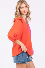 GeeGee Women's Full Size Ruffle Trim Contrast Blouse - Stylish & Elegant