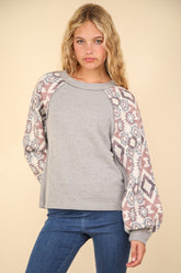 Women's Fashionable VERY J Printed Knit Top - Long Sleeve, Round Neck