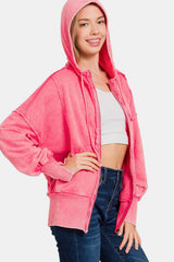 Zenana Women's Acid Washed French Terry Zip-Up Hoodie with Pockets and Adjustable Drawstring