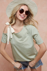 BiBi Women's One Shoulder Tied Ribbon Short Sleeve T-Shirt - Trendy & Feminine
