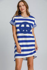 Umgee Peace Applique Striped Short Sleeve Mini Dress - Chic Casual Wear