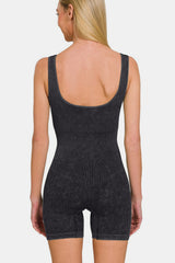 Zenana Washed Ribbed Romper with Padded Shoulders - Versatile Women's Fashion