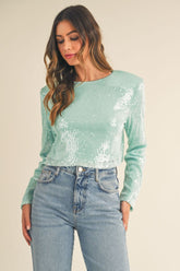 MABLE Sparkling Sequin Shoulder Padded Crop Top for Glamorous Evening Wear