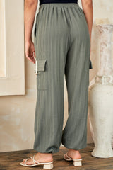 Hailey & Co Textured Rib Cargo Pants with Contrast Twill Tape & Button Detail