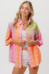 BiBi Women's Plaid Collared Half Sleeve Cotton Shirt - Classic Style