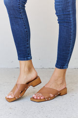Weeboo Step Into Summer Criss Cross Wooden Clog Mules - Chic Brown Open Toe Slides with Block Heels