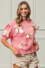 BiBi Ribbon Bow Detail Puff Sleeve Sweater - Feminine & Versatile
