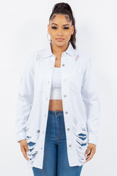 American Bazi Distressed Long Sleeve Denim Jacket for Women - Button Up Casual Outerwear