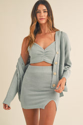 MABLE Women's 3-Piece Sweater Set: Crop Cami, Mini Slit Skirt & Cardigan