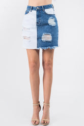 American Bazi Women's Contrast Patched Frayed Denim Distressed Skirt