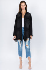 American Bazi Distressed Frayed Hem Denim Jacket - Trendy Vintage Style