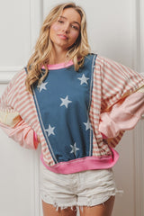 BiBi Women's Stars and Stripes Round Neck Long Sleeve Top - Trendy Casual Wear