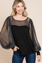 Super Lady Metallic Mesh Lantern Sleeve Blouse - Elegant Full Size Fit for Every Occasion
