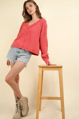 Cozy Fall Fashion: VERY J Women's V-Neck Ribbed Knit Top with Exposed Seams