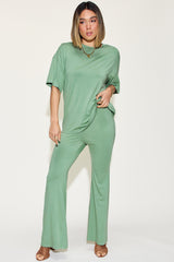 Women's Bamboo Drop Shoulder T-Shirt & Flare Pants Set - Basic Bae Collection