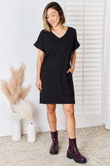 Zenana Full Size Women's Versatile V-Neck Short Sleeve Dress - Comfortable and Chic