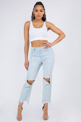 American Bazi Women's High Waist Distressed Raw Hem Jeans - Stylish Cotton Denim